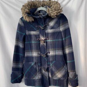 Aeropostale | Wool/Polyester | Hooded Coat | Blue Plaid | Size XS